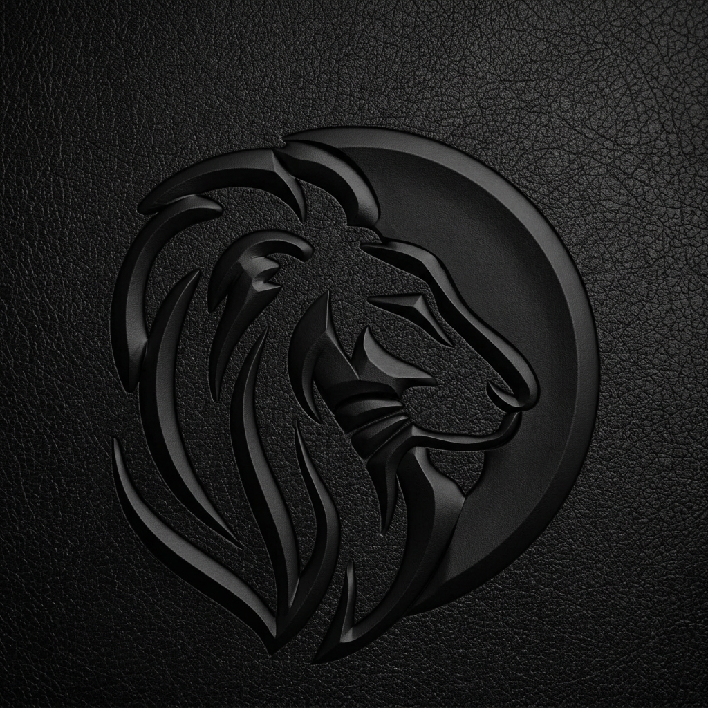 Black embossed lion emblem